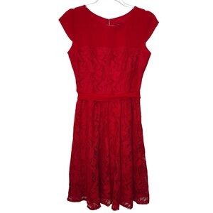 Dressbarn Collection Red Floral Lace Short Sleeve Waist Tie Shift Dress